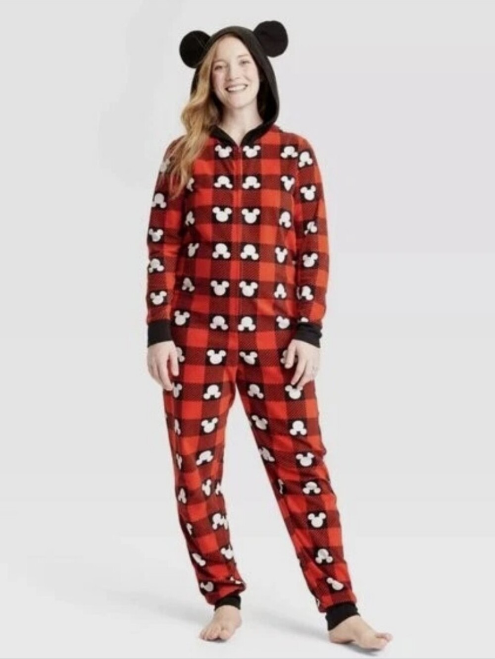 Disney 100 Mickey Mouse Retro Buffalo Plaid Hooded Union Suit Size Small